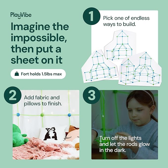 PLAYVIBE Glow in The Dark Fort Building Kit - Blue, 130 Pieces - STEM Learning with STEM Toys - DIY Clubhouse Construction - Indoor & Outdoor Play with Indoor Fort Building Kit