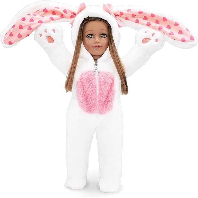 Playtime by Eimmie 18 Inch Doll Clothes and Accessories - Easter Bunny Onesie with Heart Zipper, Pink Paws & Matching Bunny Ear Hat - Fits American, Generation & Other 18" Dolls for Girls