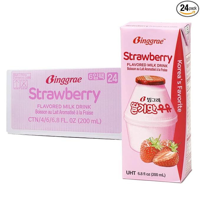Binggrae Strawberry Flavored Milk Drink – Korean Sweet and Creamy Beverage – Shelf-Stable 6.8 fl oz Cartons – Pack of 24