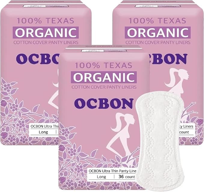 OCBON Ultra Thin Sanitary Pantyliners (Long, 7.1 inch, 108 Counts) - Ultra Thin, Unscented 100% Organic Cotton Panty Liners for Women. Chemical-Free, Extra Soft, Ideal for Sensitive Skin