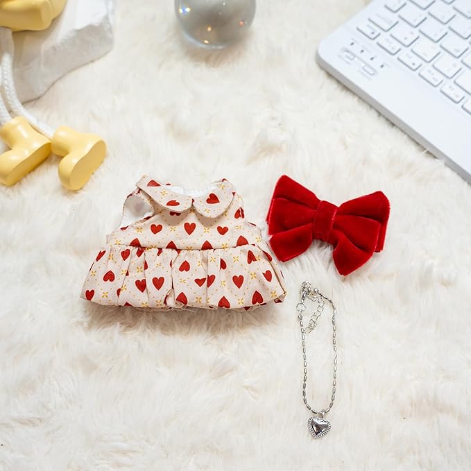 Clothes for Labubu Doll,6.7 Inch Doll Clothing Set - 4 Pieces of Handmade Clothes and Accessories for 17cm Plush Toy - Pink and White Colorblock Piglet Top + Pink Tutu Skirt + Bow Tie