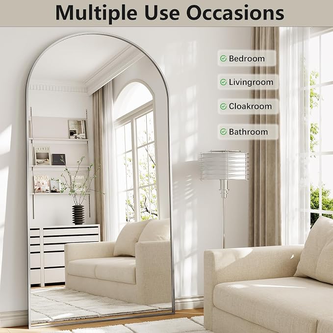 Oversized Full Length Mirror, 35"x78" Large Arched Floor Mirror Full Length with Stand, Room Decor Big Full Body Mirror with HD Tempered Glass Aluminum Frame for Bedroom Living Room, Silver