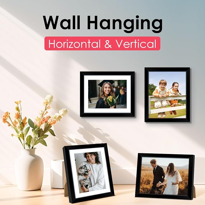 FIXSMITH 8x10 Picture Frame, Black Photo Frame with HD Plexiglass, Display Pictures 5x7 with Mat or 8x10 Without Mat, Picture Frames Collage for Tabletop or Wall Display, 1 Pack