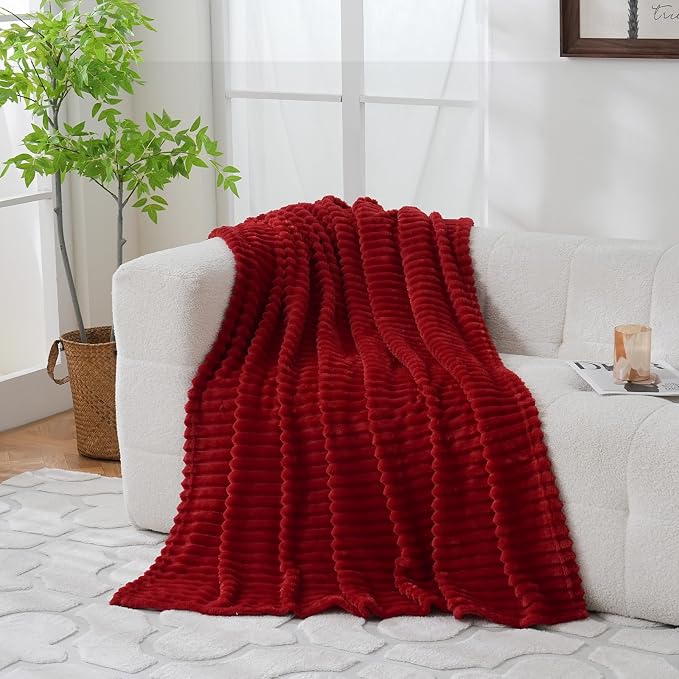 Red Fleece Throw Blanket 108”×90” for Couch Sofa Livingroom | Super Soft Cozy Plush Microfiber Flannel Bed Blanket Striped Design Lightweight Home Decor Gifts for Adults Mom Women