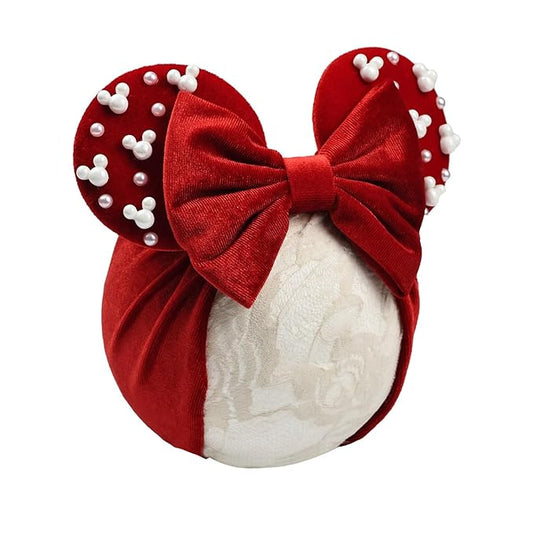 JIAHANG Baby Girl Red Velvet Mouse Ears Turban Headwrap with Beads, Wide Velour Hairband for Baby Girls, Toddler, Kids, Party Supplie
