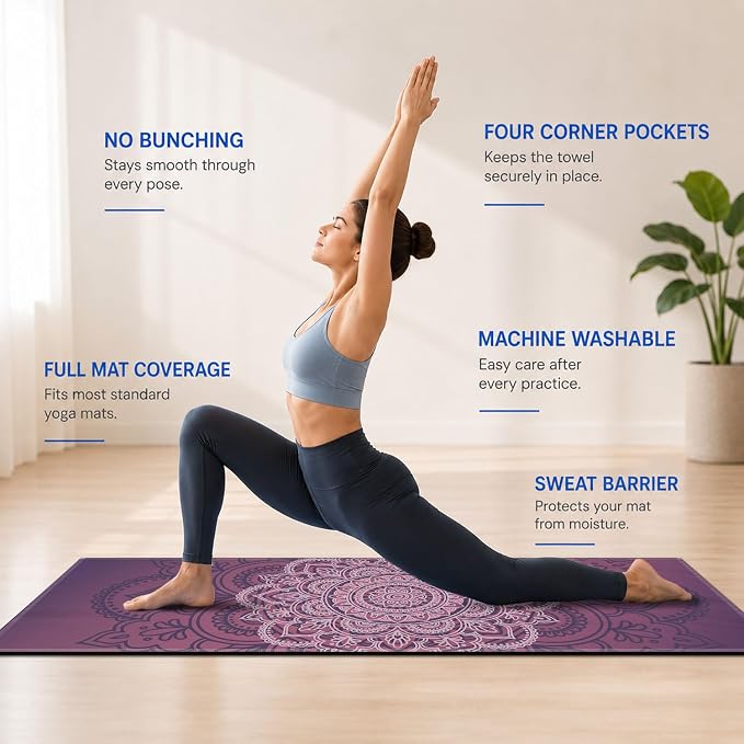 Yoga Mat Towel, Hot Yoga Non Slip with 4 Corner Pockets, 74 x 26 in | Soft Absorbent Microfiber With Four Corner Pockets, Fits Over Yoga Mats For Hot Yoga, Pilates, Gym, And Travel