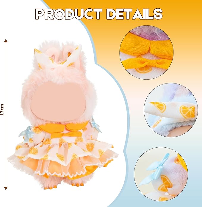 Clothes for Labubu Doll,6.7 Inch Doll Clothing Set - 2 Pieces Handmade Clothes and Accessories for 17cm Plush Toy - Orange Print Princess Dress + Bow Headdress