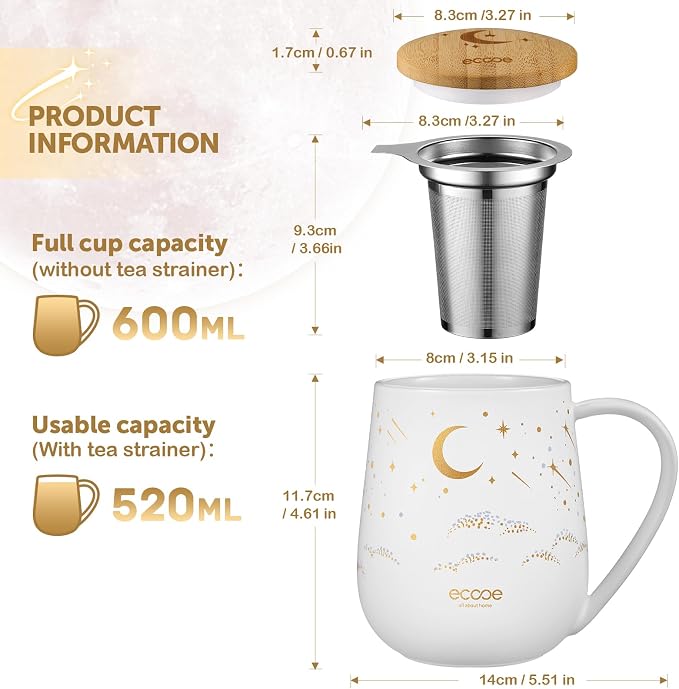 ecooe Large Tea Infuser Mug 20.3oz Ceramic Tea Cup with Removable Stainless Steel Infuser and Lid, 600ml Tea Mug for Loose Leaf Tea, New Home Gifts for Parents Friends Office (White) | 600 ml Large White Ceramic Tea Mug with Tea Strainer / Lid / Handle...
