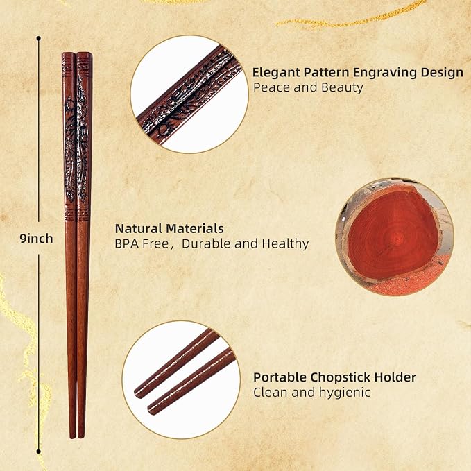 Phoenix Wooden Chopsticks Set, Hand-Carved, 2 Pairs | Non-slip grip, balanced design; reusable daily tableware; for sushi, ramen, BBQ, great wedding & housewarming holiday gifts