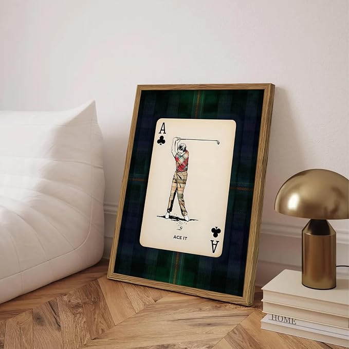 Vintage Golf Wall Art, Playing Card Golfer Sports Wall Decor Paintings Retro Navy Plaid Canvas Prints Picture for Bedroom Living Room Man Cave Country Club 12x16 inch Wood Framed