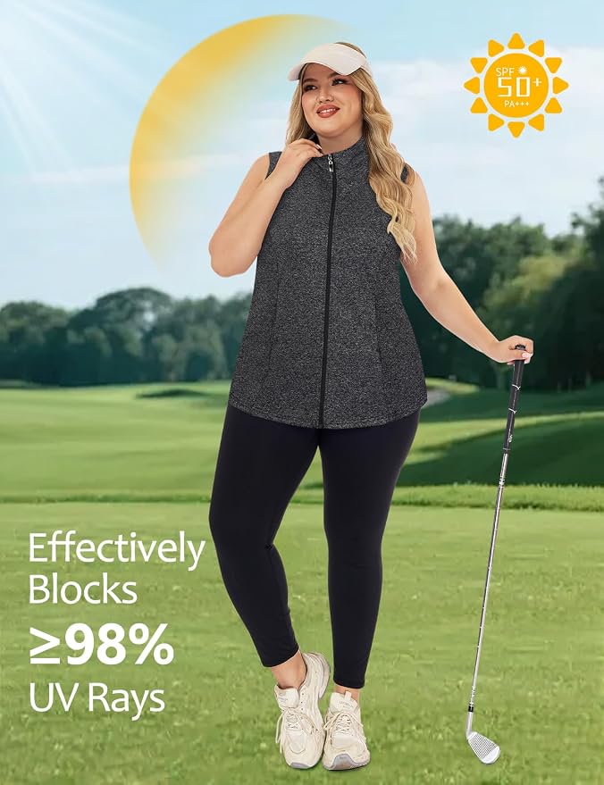 Misyula Style Plus Size Womens Golf Shirt Full-Zip with Pockets Tank Tops | Sleeveless, Quick Dry, Moisture-wicking, Lightweight Vests, Athletic, Tennis, Running, Workout, Casual, Travel, Work