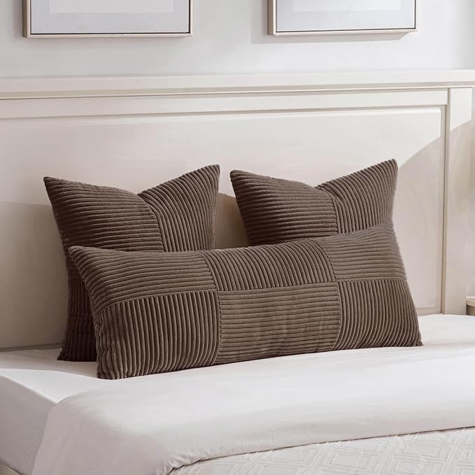 Fancy Homi 2 Packs Dark Brown Big Decorative Throw Pillow Covers 24x24 Inch for Living Room Couch Bed, Farmhouse Boho Home Decor, Soft Corss Corduroy Patchwork Accent Square Cushion Case 60x60 cm