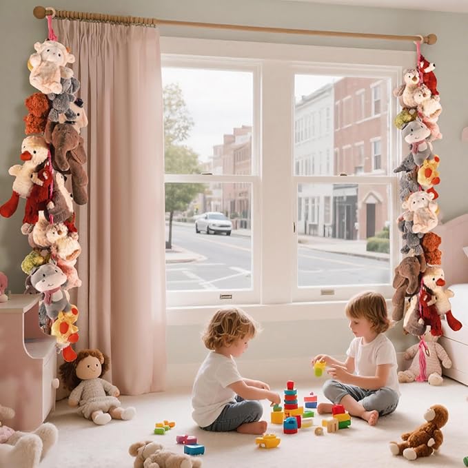 80" 2-Pack Cotton Hanging Storage Chain For Stuffed Animals Storage with 20 Metal Clips, Stuffed Animal Organizer Chain for Wall Corner Nursery Play Room, Pink