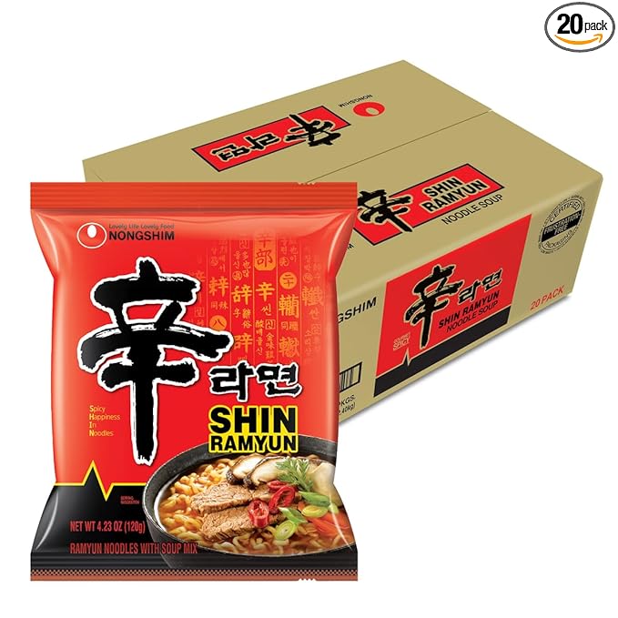 Nongshim Shin Ramyun Noodles, Spicy Korean Signature Instant Ramyun, Rich Beef Flavored Broth, Microwaveable, Korean Instant Noodles, 4.23 oz (Pack of 20), Packaging May Vary.
