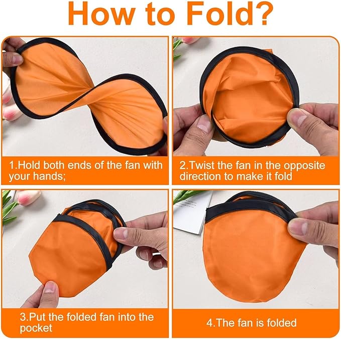 20PCS Foldable Flying Disc Fans with Bags, 9.8'' DIY Handheld Black Egde Fabric Folding Fan for Outdoor Game Activities Birthday Party Favors Gifts, Orange