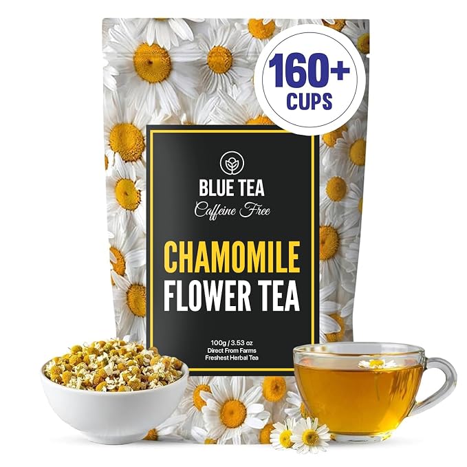 BLUE TEA - Chamomile Tea - 3.52 Oz (100+ Cups) Loose | Get a good Sleep - Relaxation - Stress Relief | Herbal Tea - Caffeine Free - Flower Based - Non-Bitter - Night Time Tea | Reusable Pet Jar
