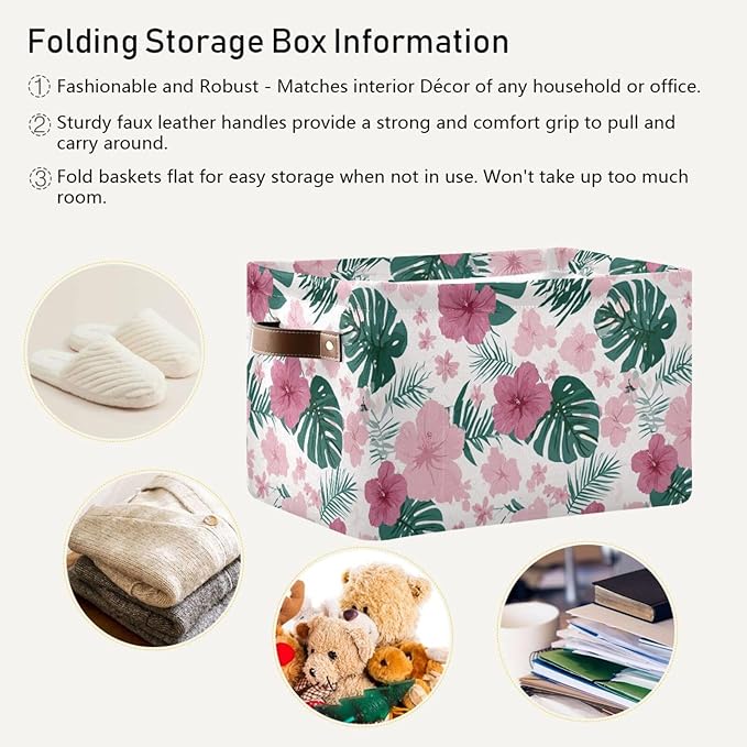 Aslsiy Storage Basket Hibiscus Flower Pink Nursery Bins Monstera Leaf Baby Box Canvas Clothes Shelf Basket Laundry Hamper 2 Pcs