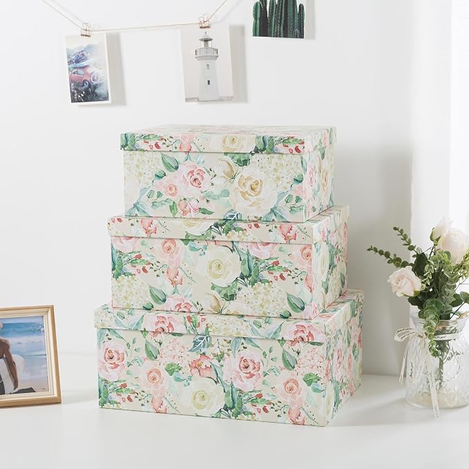 Soul & Lane - Blooming Rose Decorative Storage Boxes with Lids, Set of 3 | Large Nesting Cardboard Keepsake Boxes for Photos and Memories, Floral Photo Storage Containers for Home Decor