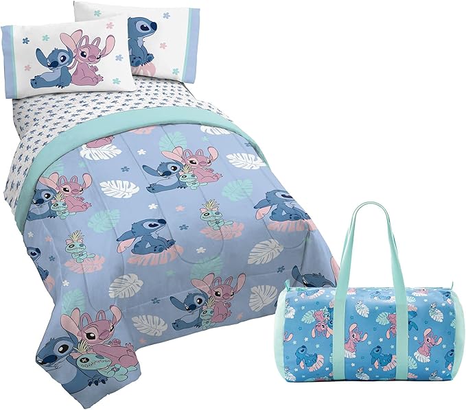 Jay Franco Disney Lilo and Stitch Twin Size Comforter Set - 4 Piece Bedding Includes Sheet Set, Pillow Covers & Bonus Duffle Bag - Super Soft Kids Bedding