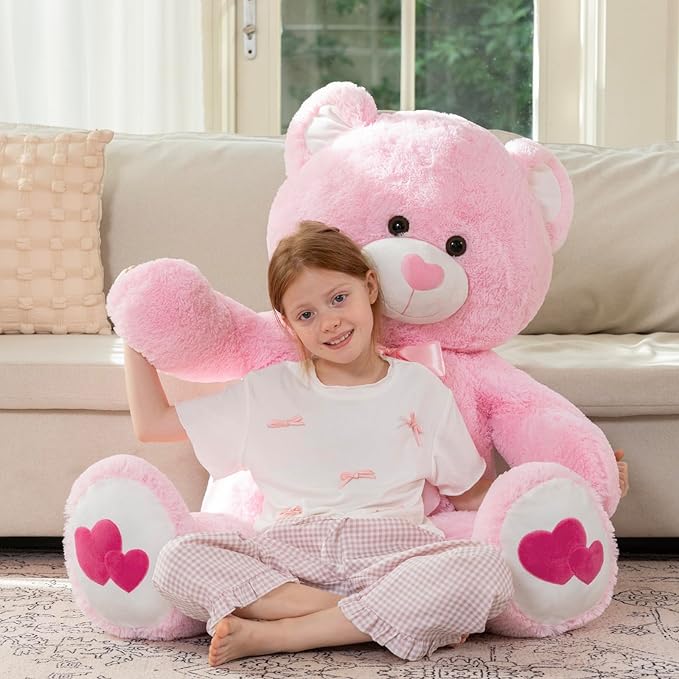 MaoGoLan Giant Pink Teddy Bear Plush 42",Big Bear Stuffed Animal with Heart Footprints and Heart Nose,Large Valentines Teddy Bear for Girlfriend,Wife,Lover-Anniversary, Birthday,Long Distance