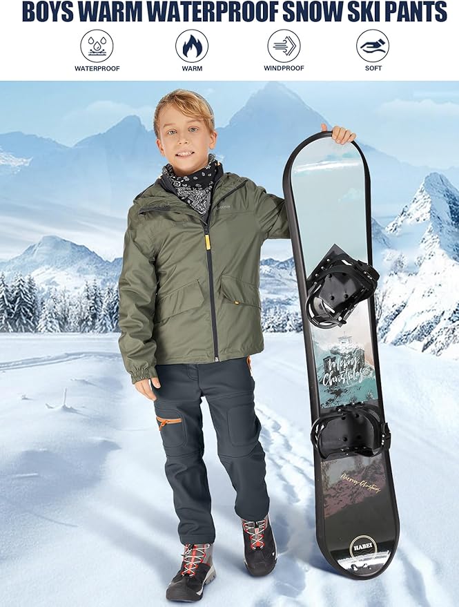 linlon Kids Boy's Snow Waterproof Pants Youth Fleece Lind Hiking Softshell Warm Insulated Trousers