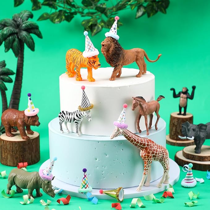 18 Pcs Jungle Animal Birthday Party Decorations Mini Birthday Hat Animal Figure Model Cake Toppers with Mini Hat for Birthday Party, Wild Animals Themed Party