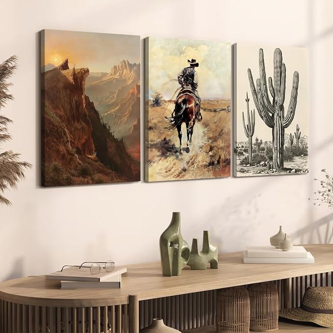 Western Cowboy Wall Art Set of 3, Vintage Southwestern Wall Decor Painting, Western Ranch Desert Farmhouse Poster Canvas Prints Aesthetic Pictures for Bathroom Bedroom Living Room Framed 12x16 inch