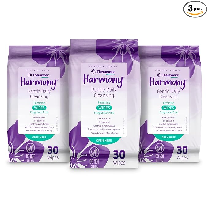 Theraworx Harmony Gentle Daily Cleansing Feminine Wipes, Fragrance Free, Urinary Hygiene – 30 Count (Pack of 3)