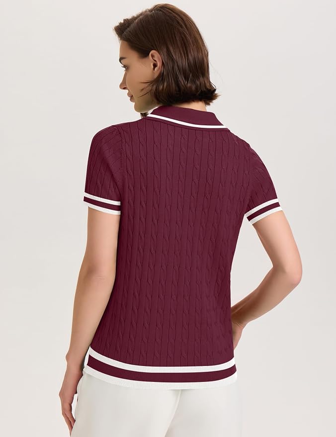 Micoson Womens Short Sleeve Sweater Tops Lapel V Neck Polo Shirts 2026 | Summer Cable Knit Loose Blouses, Business Casual Outfits