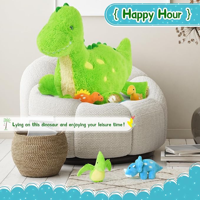 Tezituor Cute Dinosaur Stuffed Animal with 4 Baby,Dinosaurs Plush Toys,Large Dino for Girls Boys Kids (Dinosaur with 4 Babies)