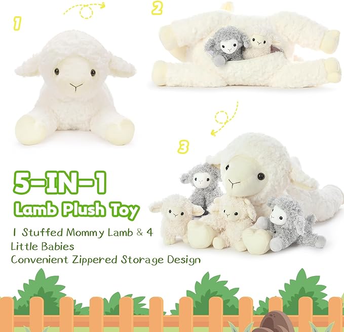 Tezituor 5Pcs Lamb Stuffed Animals Set, 20 Inch Large Mommy Stuffed Sheep Plush with 4 Cute Lamb Babies, Realistic Sheep Plush Pillow for Girls Boys