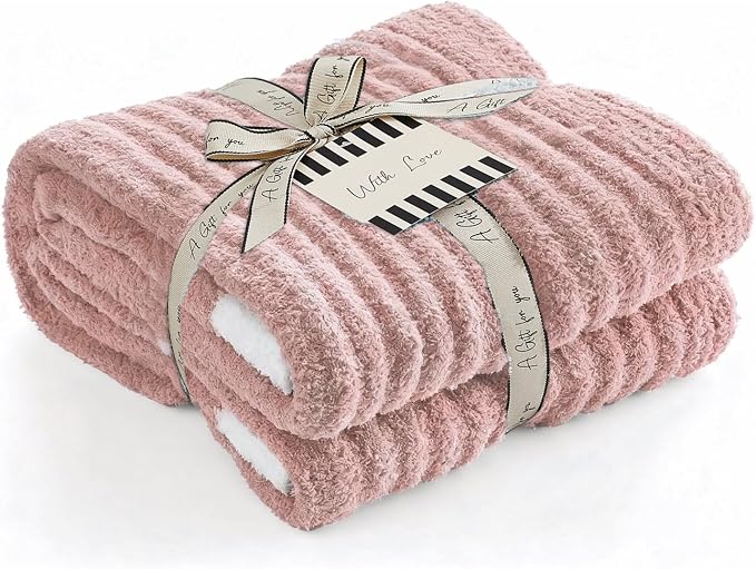 Soft Throw Blanket for Couch-Cozy Reversible Knitted Blankets | Lightweight Warm Fluffy Decor for Women, Mom, Her & Girls, Sofa, Chair, Bed, 50x60in, Pink