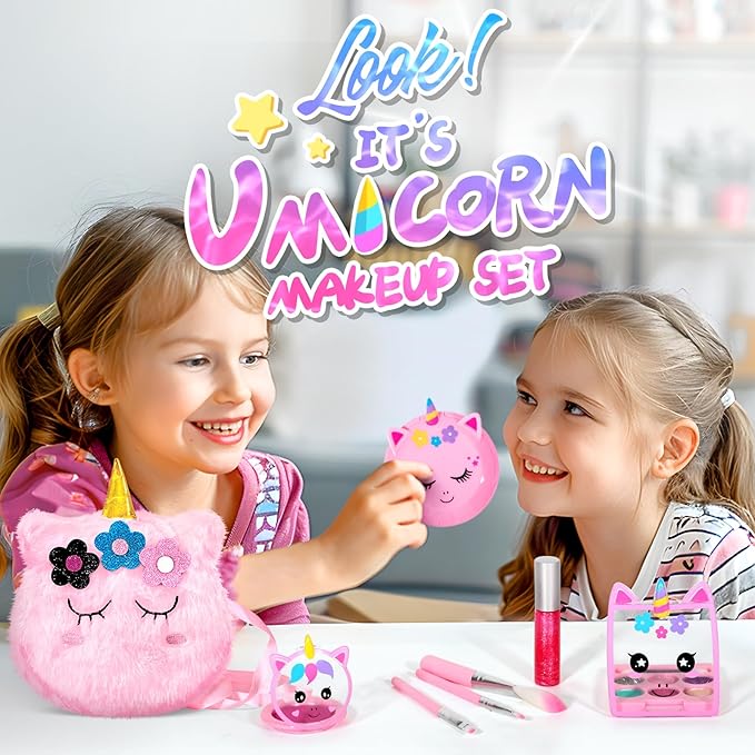 ULOVEME Kids Washable Makeup Kit for Girls 4-6 with Small Coin Purse(5.5x5.25in) - Real, Non Toxic Make Up Toy Gift- Umicorn Gift Set (Pink Coin Purse)