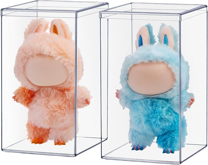 STORi Clear Plastic Stackable Display Case with Lid, Set of 2, Store Figurines, and Plush Collectibles, Box for Action Figures, Made in USA