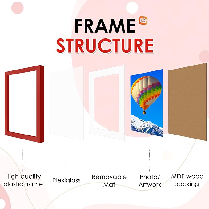 FIXSMITH 8.5x11 Picture Frame Set of 2, Red Photo Frame with HD Plexiglass, Display Pictures 6x8 with Mat or 8.5x11 Without Mat, Black Picture Frames Collage Wall Decor, Gallery Wall Frame