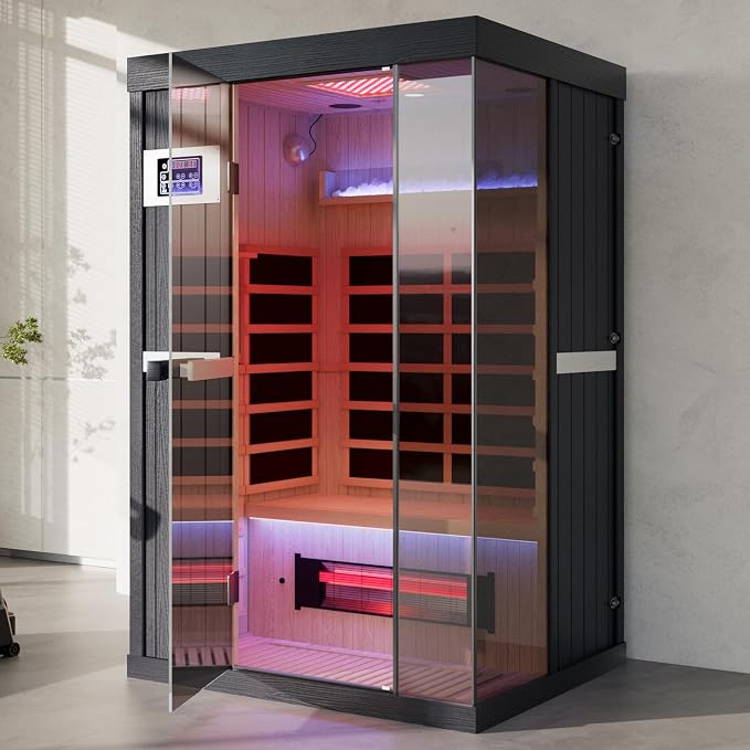 2-Person FAR Infrared Sauna for Home & Gym, Himalayan Salt Rocks Plus 12" * 12" Red Light Therapy & 2 Speakers, 1990W Canadian Hemlock Wood Indoor Dry Spa