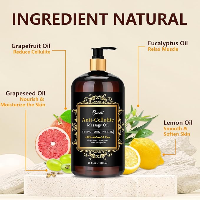 Pjordo Anti Cellulite Massage Oil for Massage Therapy, 100% Natural & Pure Body Firming Oil for Reducing Cellulite, Firming & Moisturizing Skin, Fast Absorbing, Cellulite Remover for Leg & All Body