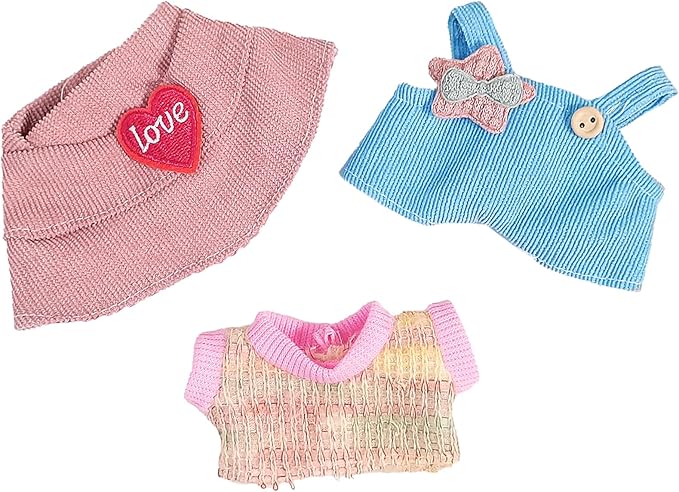 Clothes for 17cm Dolls, Overalls Outfit Set with Accessories, Cute Plush Doll Bucket Hat with Love Heart Design (NO Doll) Blue