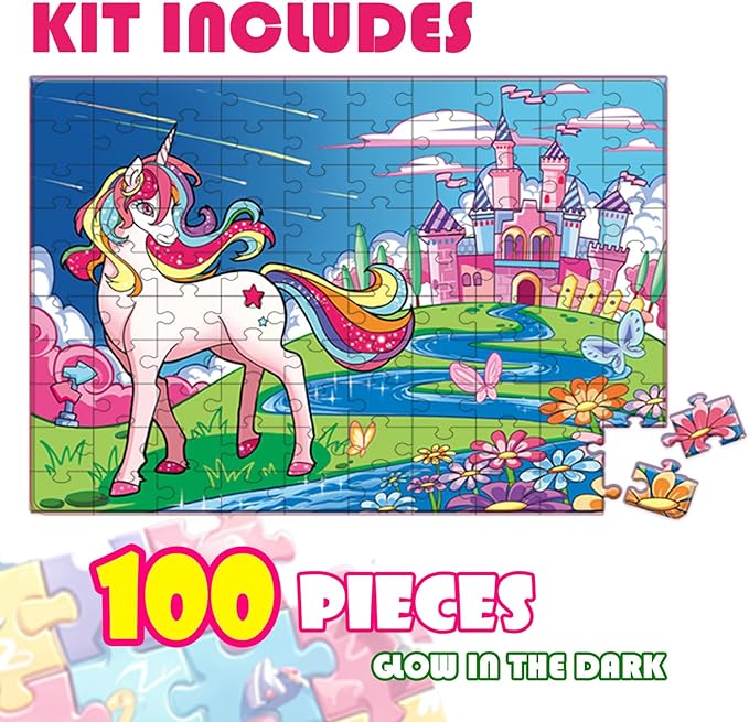 Glow in The Dark 100 Piece Unicorn Puzzle with Paint for Kids, Jigsaw Puzzle Toys for Girls&Boys, Unicorn Birthday Gift for Girls Toodler Age 5 6 7 8