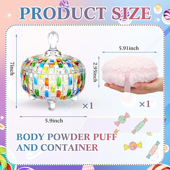 Tioncy 2 Pcs Extra Large Dusting Powder Puff and Container for Women-6'' Glass Crystal Dusting Powder Container with Body Soft Washable Reusable Velour Face(Multicolor,Weave Design)