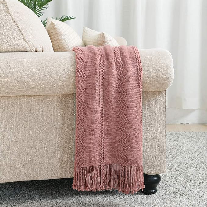 BOURINA Coral Pink Throw Blanket 60x80 Inch Knitted Soft Throw Sofa Blanket | Knitted Throw Blanket 60x80 Inches, Soft Lightweight Boho Weave Throw Decorative Couch Blanket for Living Room Bedroom Chair