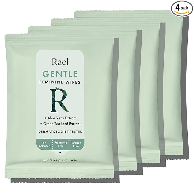 Rael Feminine Wipes, Flushable, Travel Size, All Skin Types, Daily Use (Gentle, 10 Count Pack of 4)