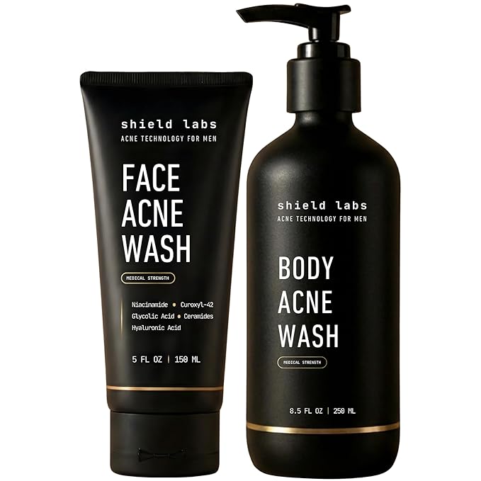Shield Acne Wash Bundle for Men and Boys – Deep Clean Gel Formula Face Wash and Unscented Back & Chest Cleanser, Clears Acne & Breakouts, 13.6 oz