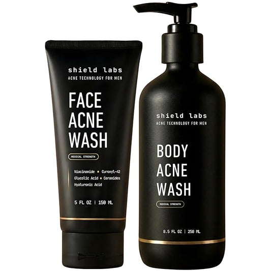 Shield Acne Wash Bundle for Men and Boys – Deep Clean Gel Formula Face Wash and Unscented Back & Chest Cleanser, Clears Acne & Breakouts, 13.6 oz