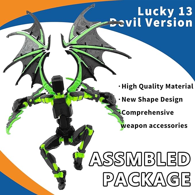 T13 Action Figure Already Assembled, Devil Wings Titan 13 Action Figure 3D Printed T13 Action Figures Set, T 13 Robo 13, Lucky 13, Gift for Dummy Collectors Desktop Decorations (Black Green)
