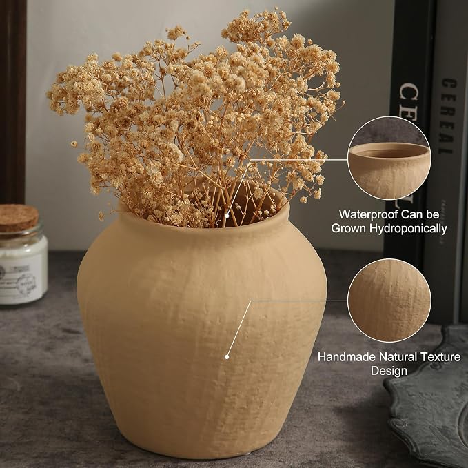 Farmhouse Ceramic Vase - Yellow Rustic Vintage Flower Vase for Home, Living Room, Shelf and Dining Table Decor-6.1IN.