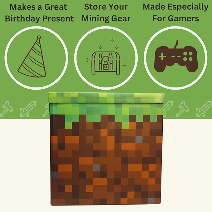 Large 14 x 14 Pixelated Box - Grass| Birthday Party Supplies | Storage Decoration and Prop, Big Birthday Box | Storage Bin Chest With Lid Gift Accessory (Grass Block)