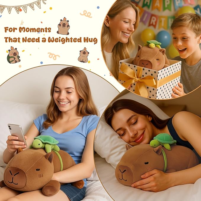 SQEQE Weighted Stuffed Animals Capybara Plush, Weighted Capybara Stuffed Animals with Turtle Backpack, Soft Pillow Toy for Kids Adults, Birthday Presents 13.8 Inch, 1.7 Lbs