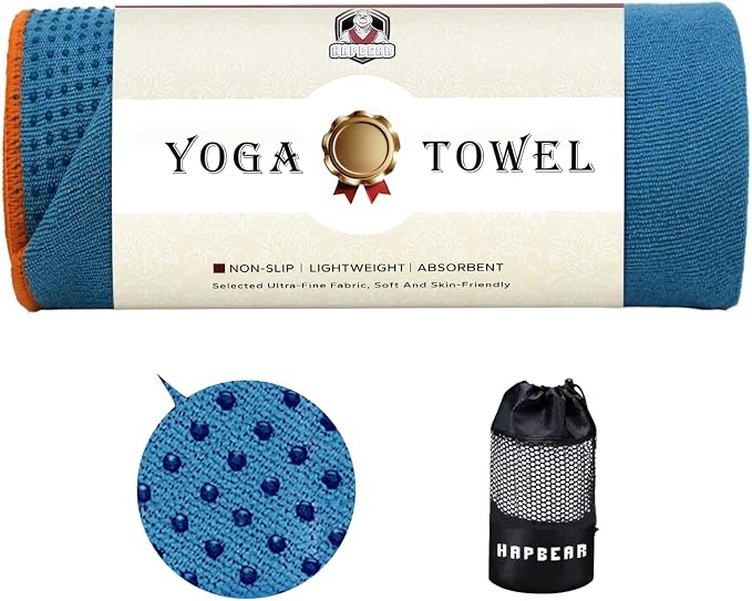 HAPBEAR Hot Yoga Towel with Non-Slip Grip Dots, 72" x 24" - Super Absorbent, Soft Microfiber Yoga Mat Towel for Bikram, Gym, Pilates - Blue