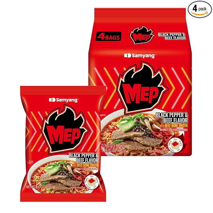 MEP Black Pepper Beef Bone Broth Korean Spicy Ramen Noodle Soup, 4-Pack | ENHYPEN Pick; Rich beef bone broth with black pepper kick; Chewy qq-texture noodles; Stovetop easy-cook pack